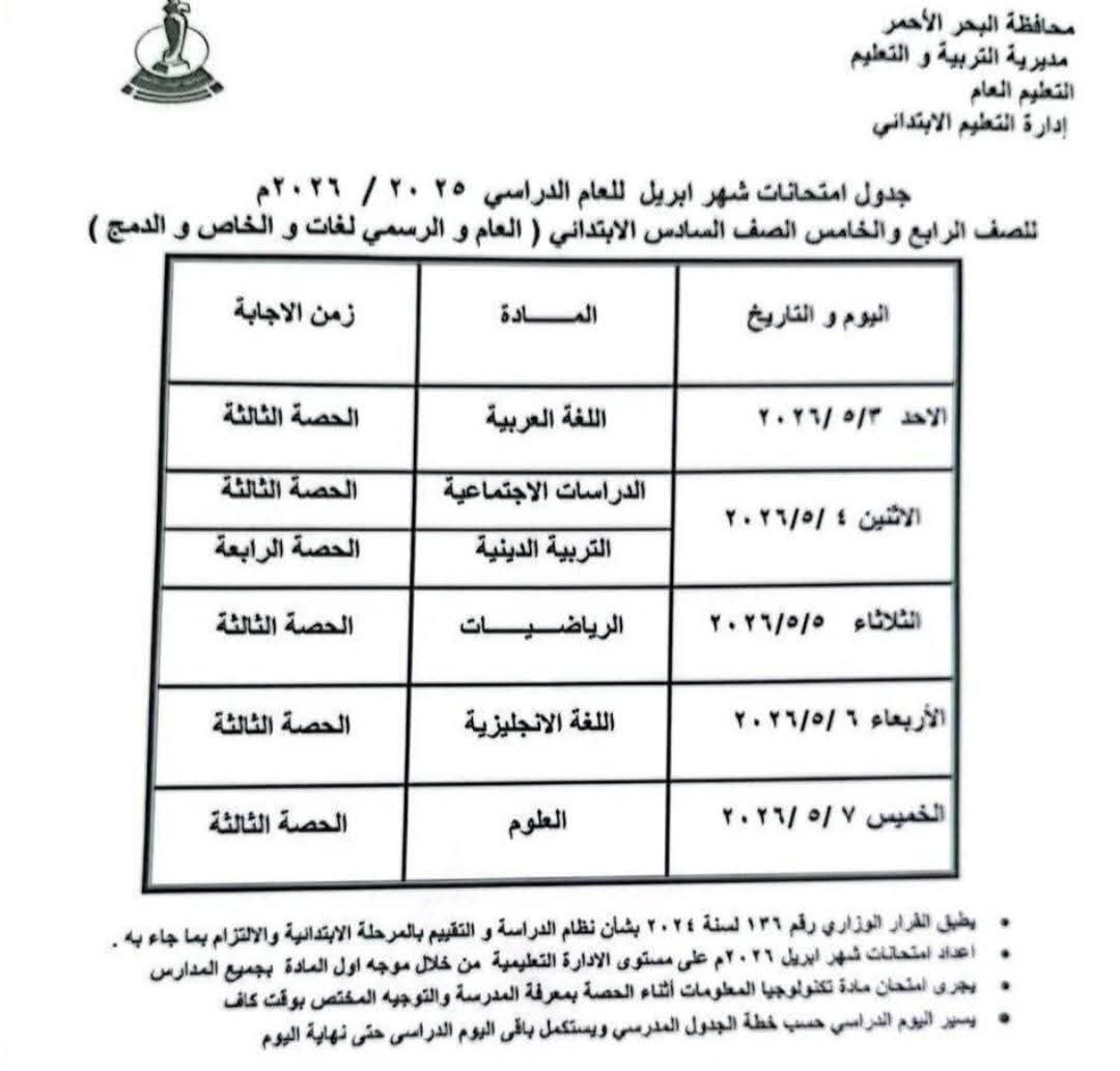 جدول امتحانات شهر ابريل البحر الاحمر (2)
